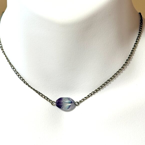 2/$20, Rainbow Fluorite Short Necklace, Genuine Gemstone Pendant & Bronze Chain - Picture 2 of 12